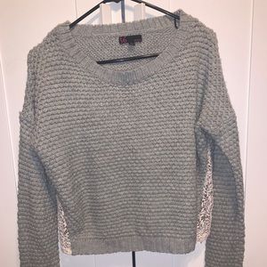 Gray Cropped Sweater with Lace Detail